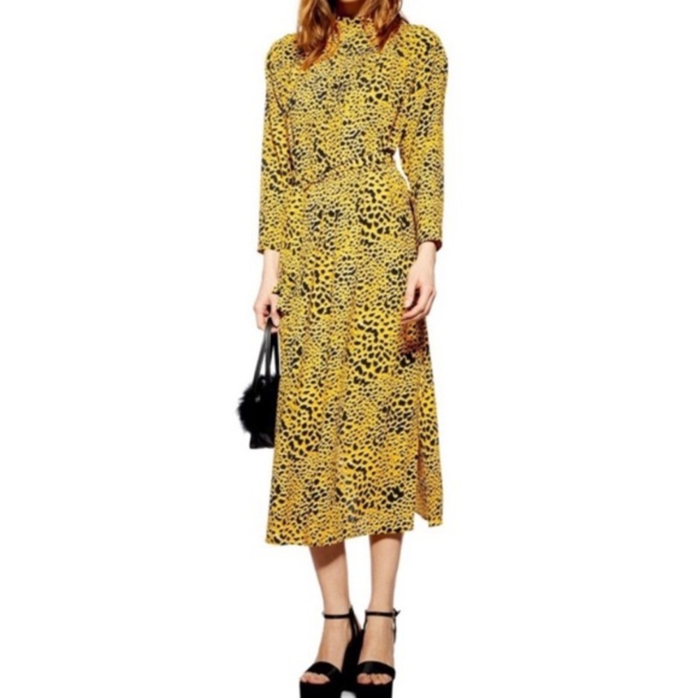 Topshop Yellow Animal Print Leopard Long Sleeve Maxi Dress